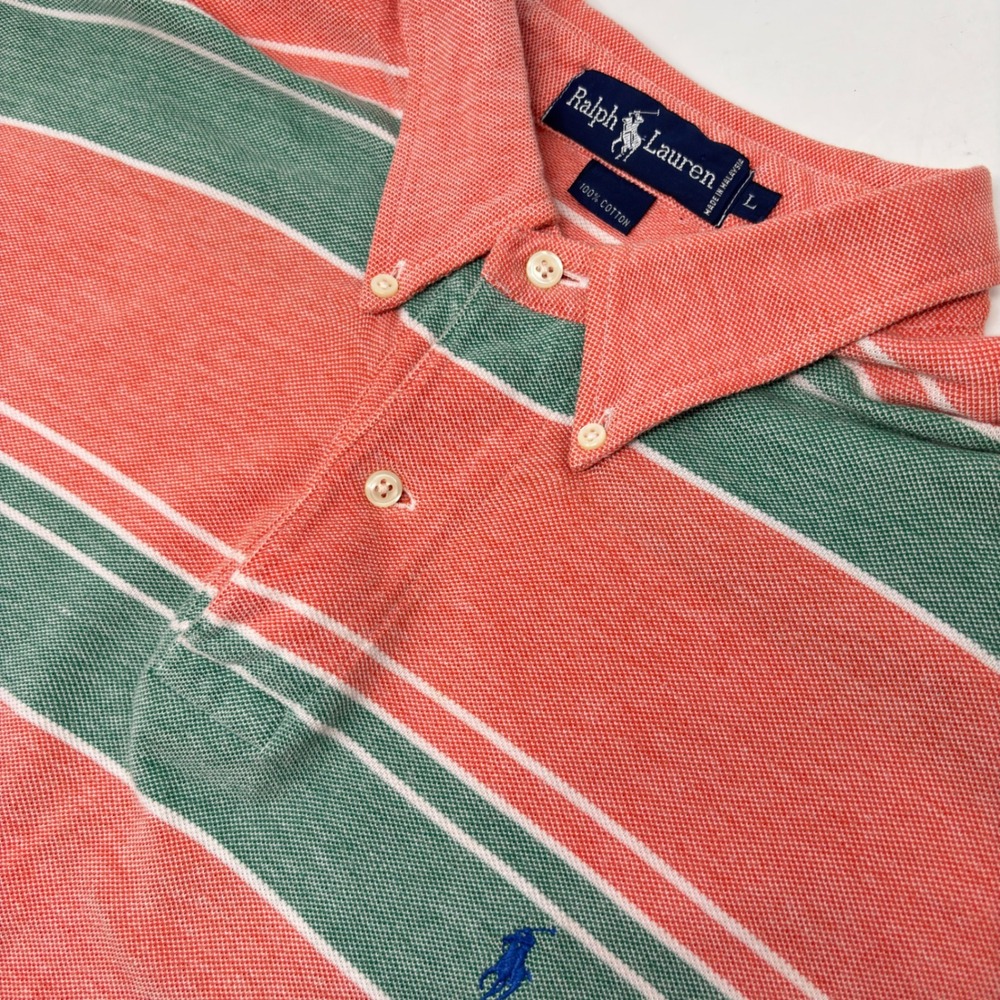 Ralph Lauren Polo Shirt Men's Large Coral Green Stripe Piqué Mesh Cotton
